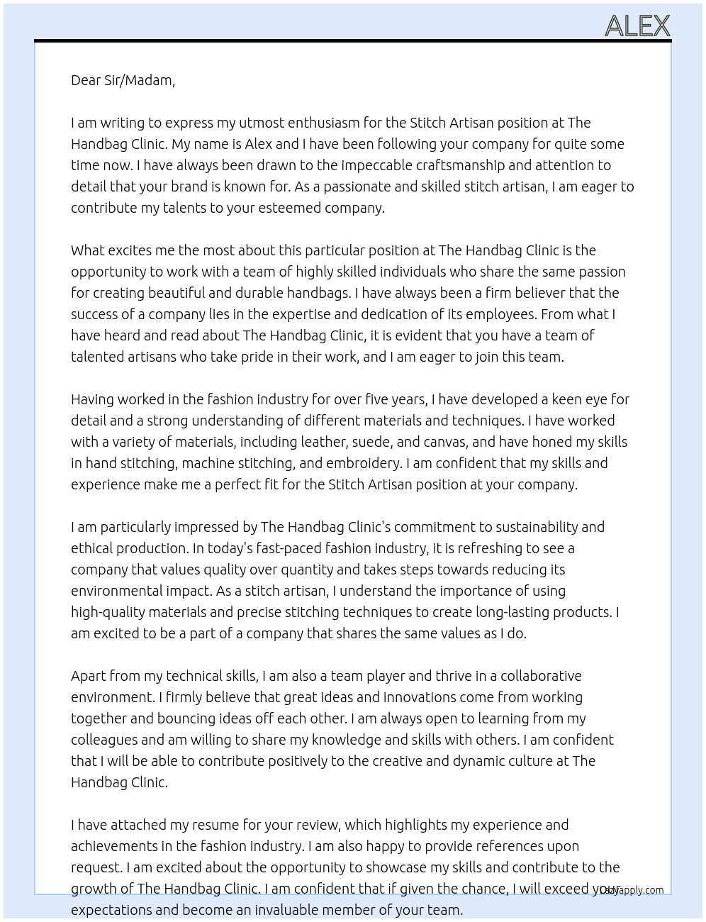 Stitch Artisan At The Handbag Clinic Cover Letter