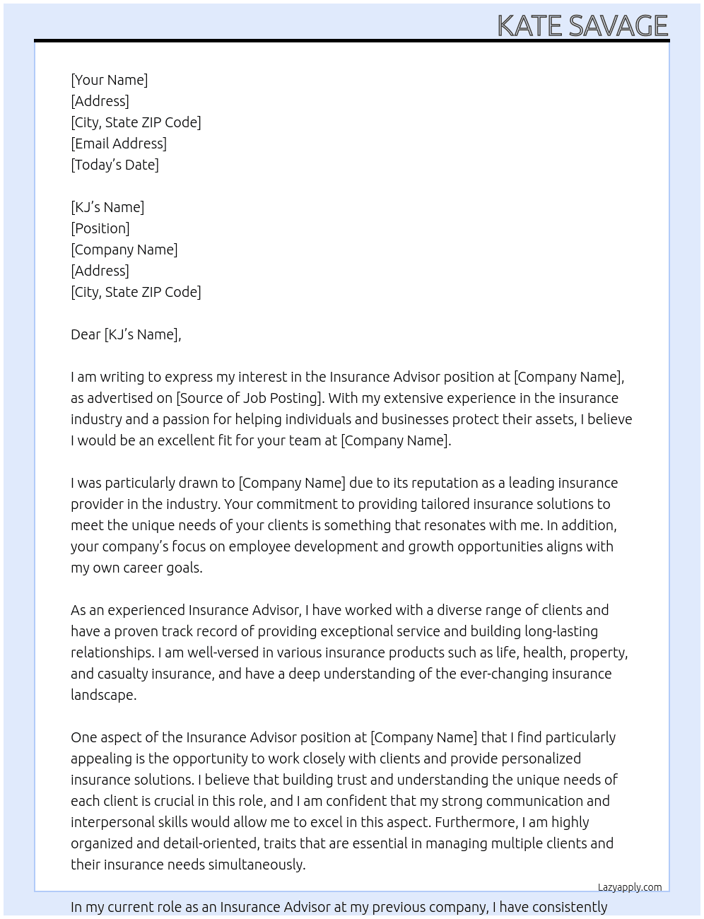 Insurance Advisor At dsi Cover Letter
