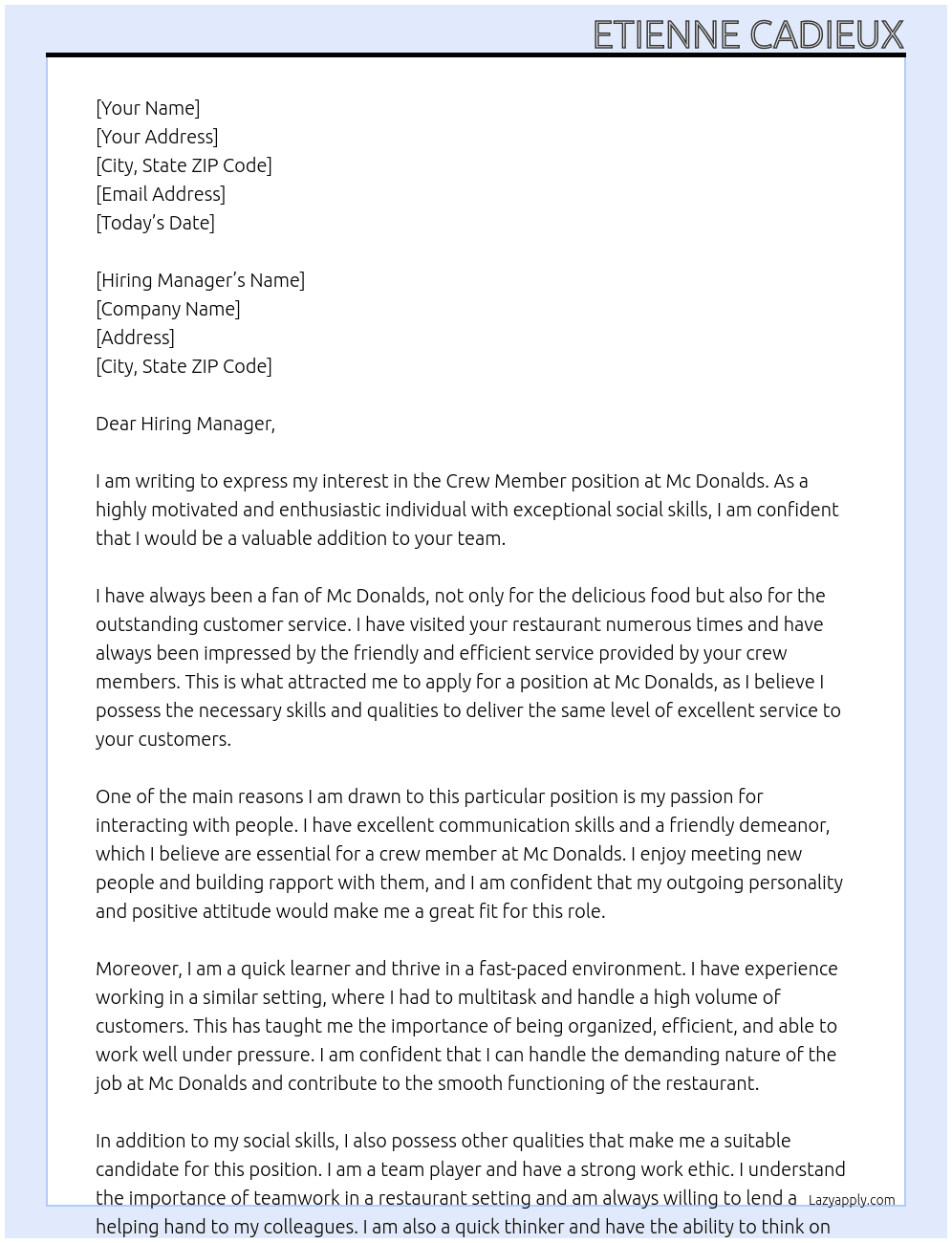 Crew Member At Mc Donalds Cover Letter