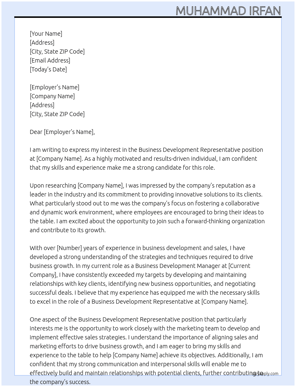 Business Development Representative At bmmi Cover Letter
