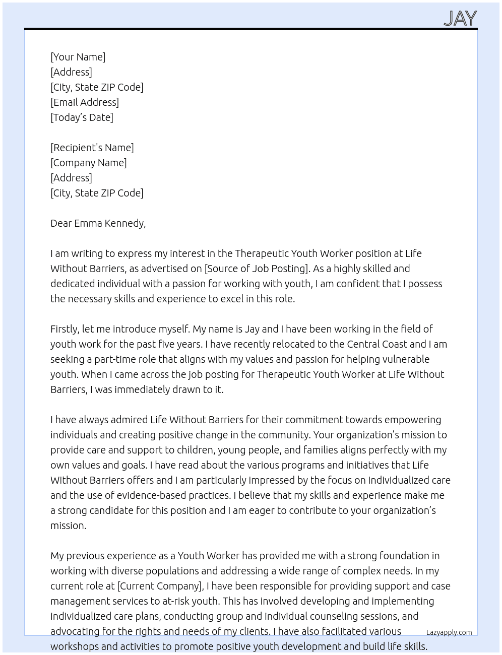 Therapeutic Youth Worker At Life Without Barriers Cover Letter