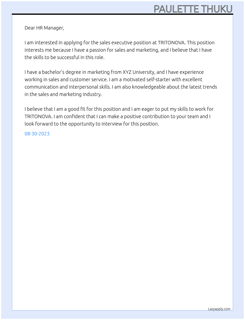 SALES EXECUTIVE At TRITONOVA Cover Letter