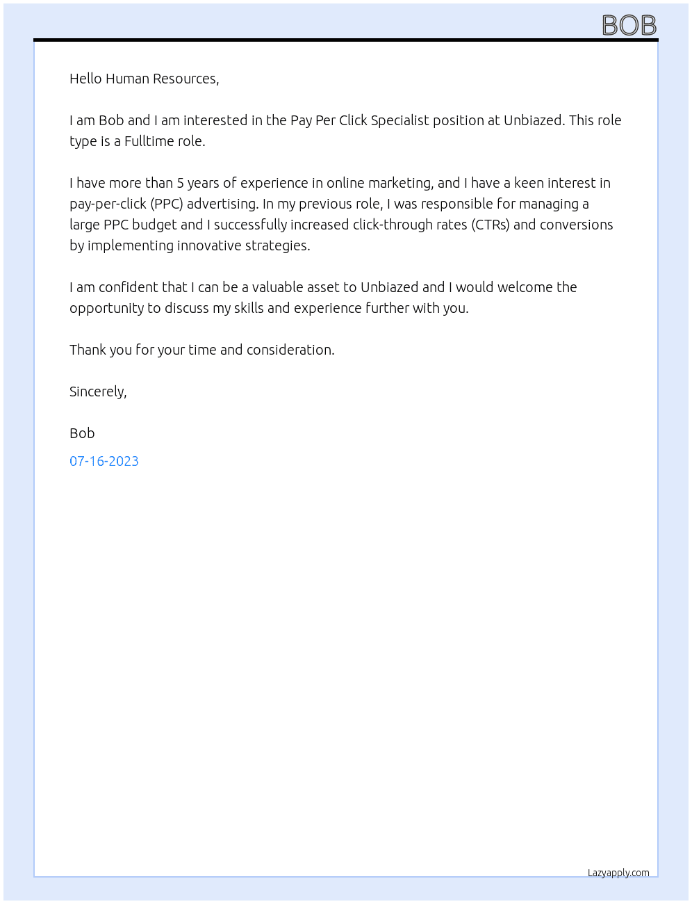 Pay Per Click Specialist At Unbiazed Cover Letter