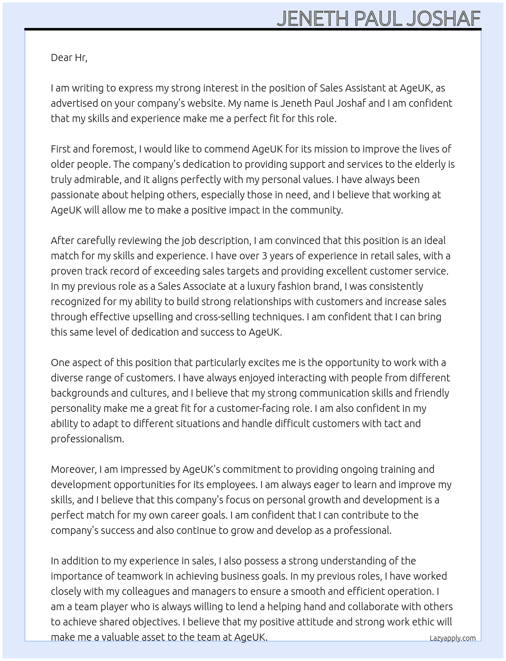 sales assisstant At ageuk Cover Letter