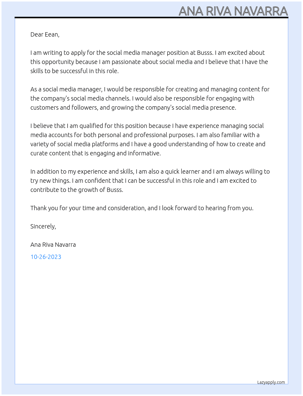 Social Media manager At busss Cover Letter