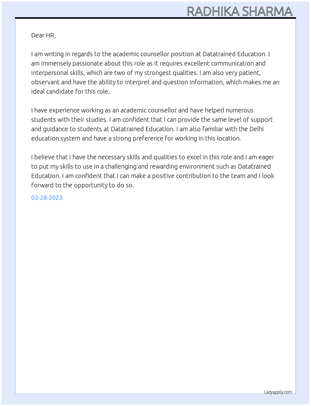 Academic counsellor  At Datatrained Education  Cover Letter