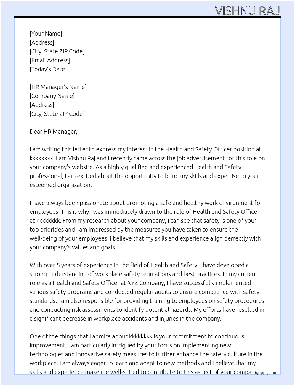 Health and Safety officer At kkkkkkkk Cover Letter