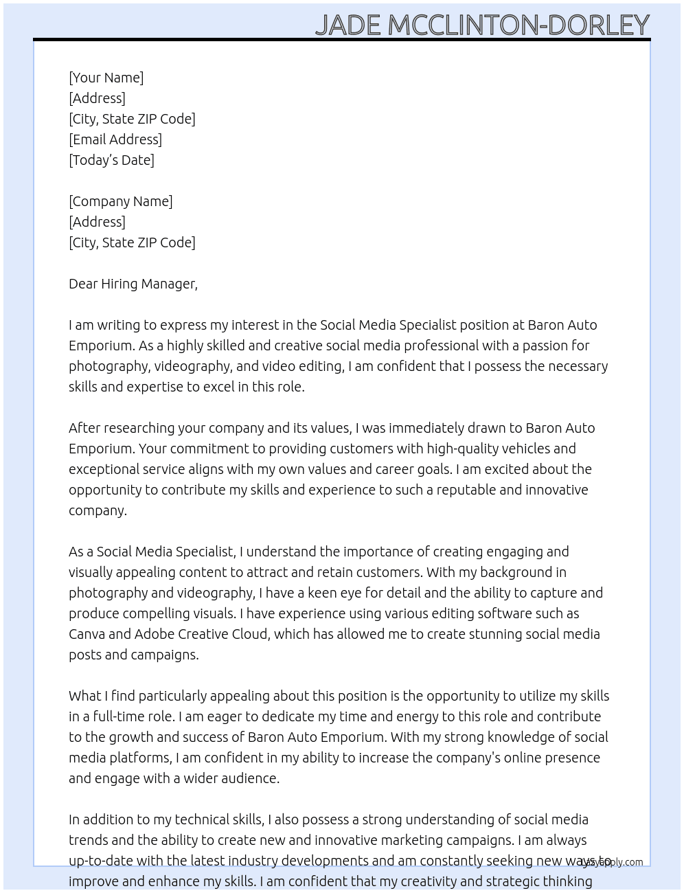 Social Media Specialist  At Baron Auto Emporium  Cover Letter