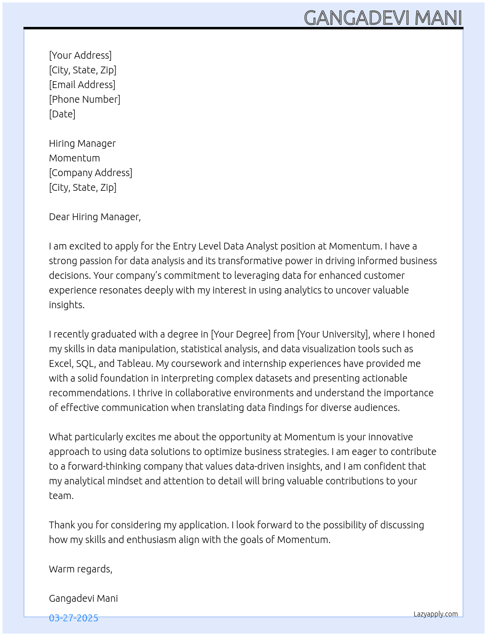 Cover letter for entry level data analyst - LazyApply