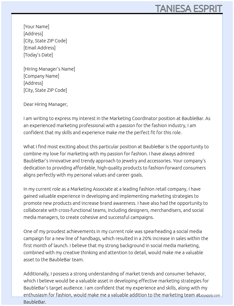Marketing Coordinator At BaubleBar Cover Letter