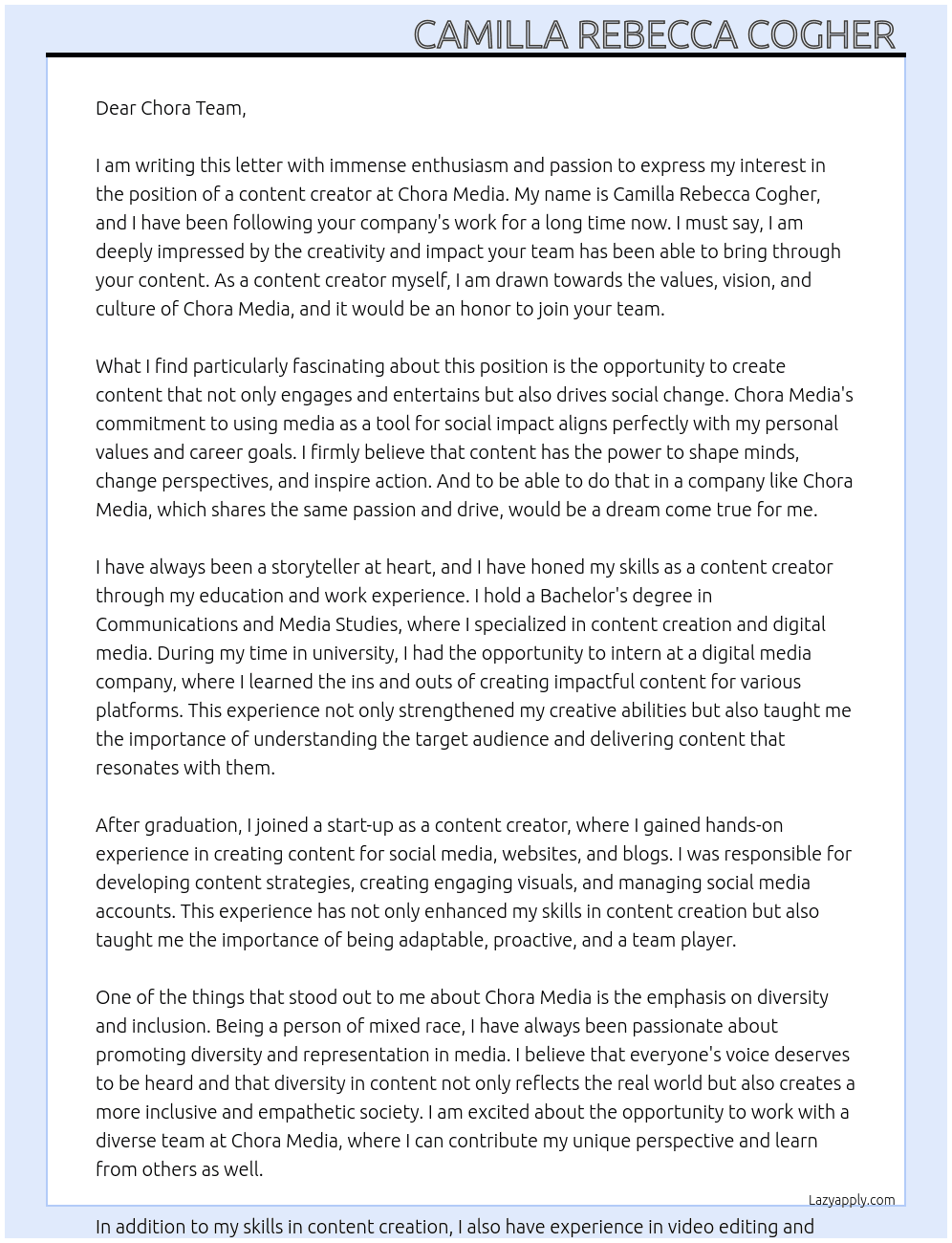 content creator At chora media Cover Letter
