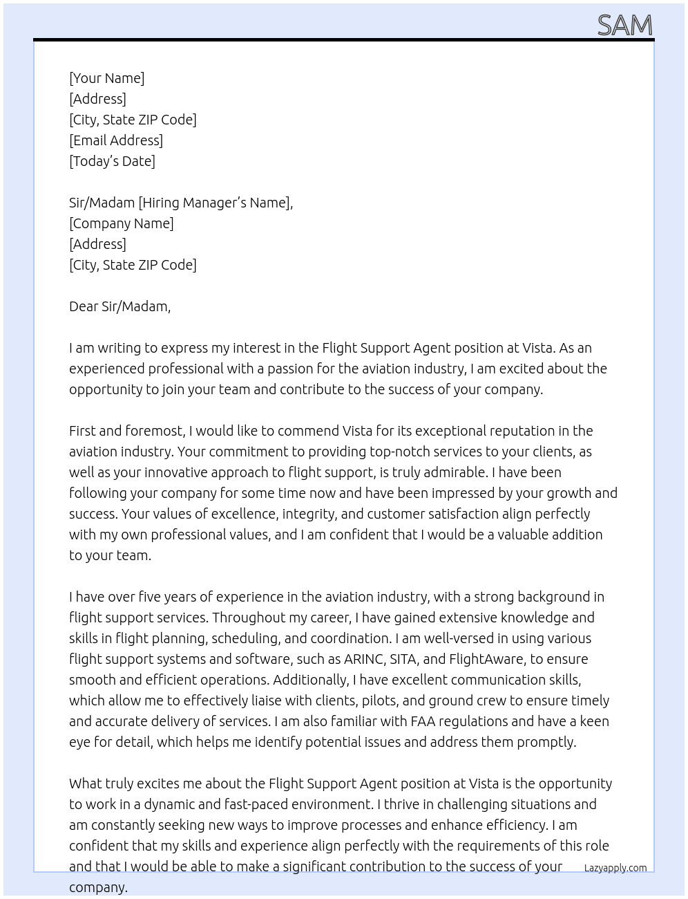 Flight support agent At Vista Cover Letter
