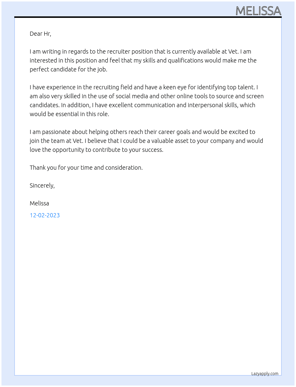 Recruiter  At Vet Cover Letter