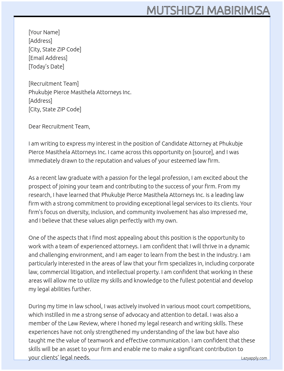 Candidate Attorney At Phukubje Pierce Masithela Attorneys Inc. Cover Letter