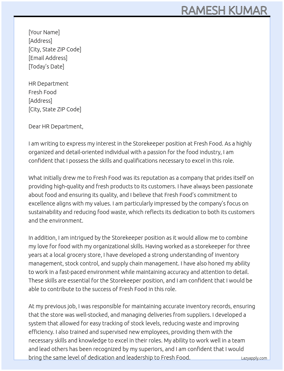 storekeeper  At fresh food  Cover Letter