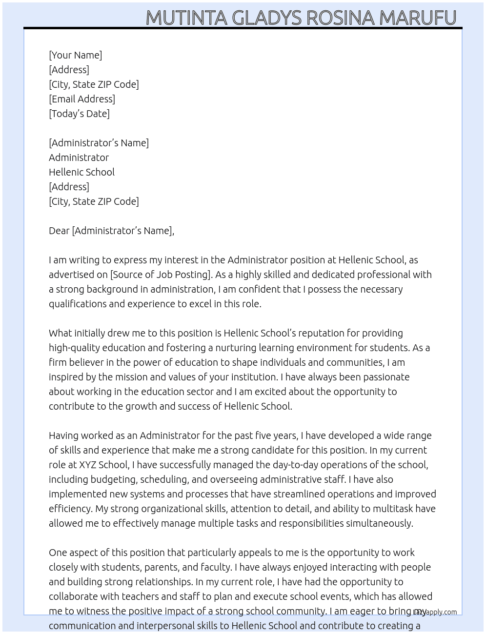 Administrator  At Hellenic School Cover Letter