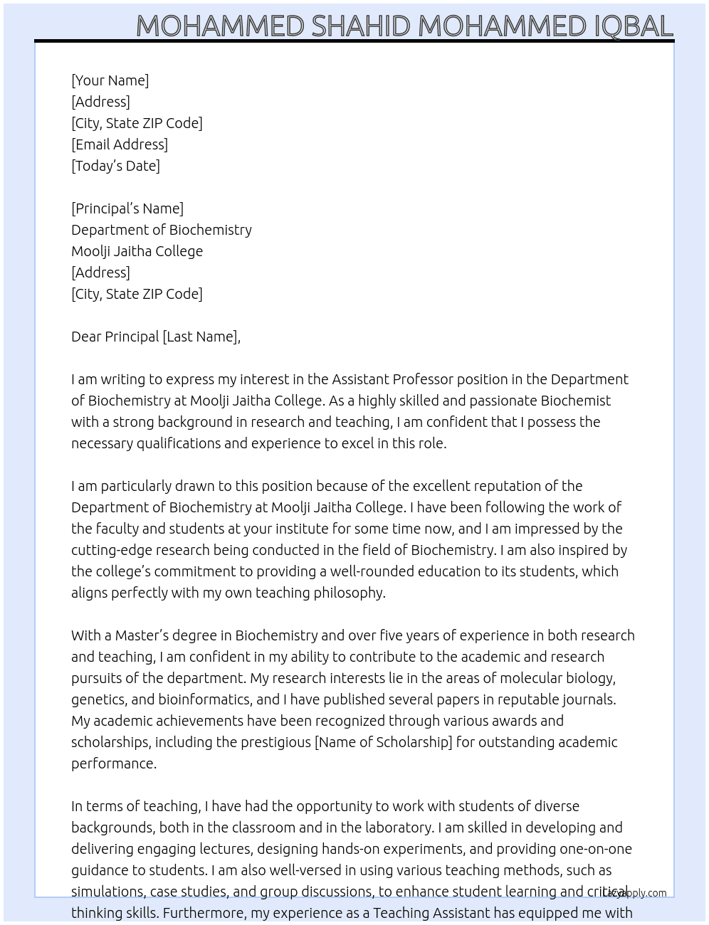 Assistant Professor (Biochemistry) At Department of Biochemistry, Moolji Jaitha College Cover Letter