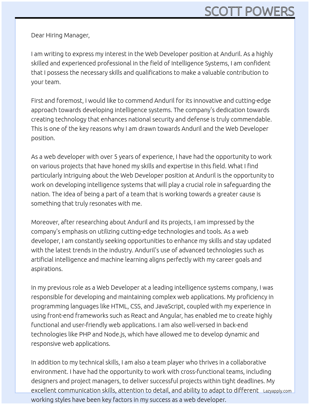 Web Developer, Intelligence Systems At Anduril Cover Letter