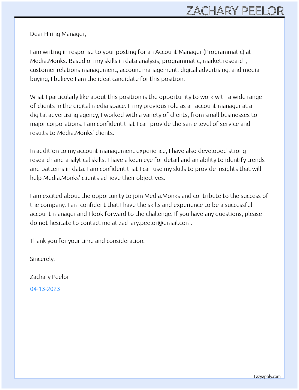 Account Manager (Programmatic) At Media.Monks Cover Letter