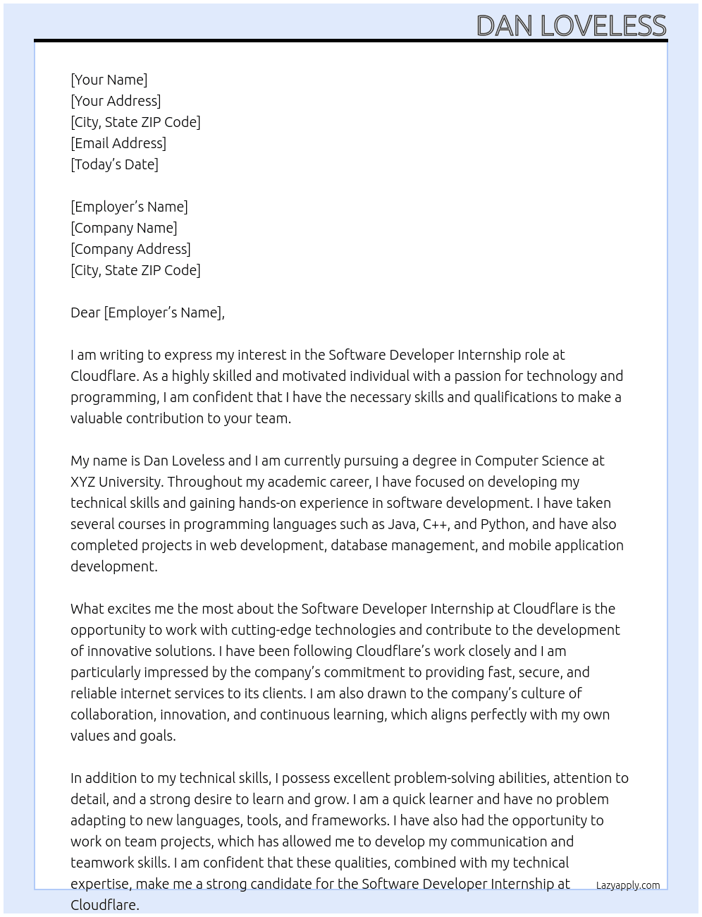 software developer At Cloudflare Cover Letter