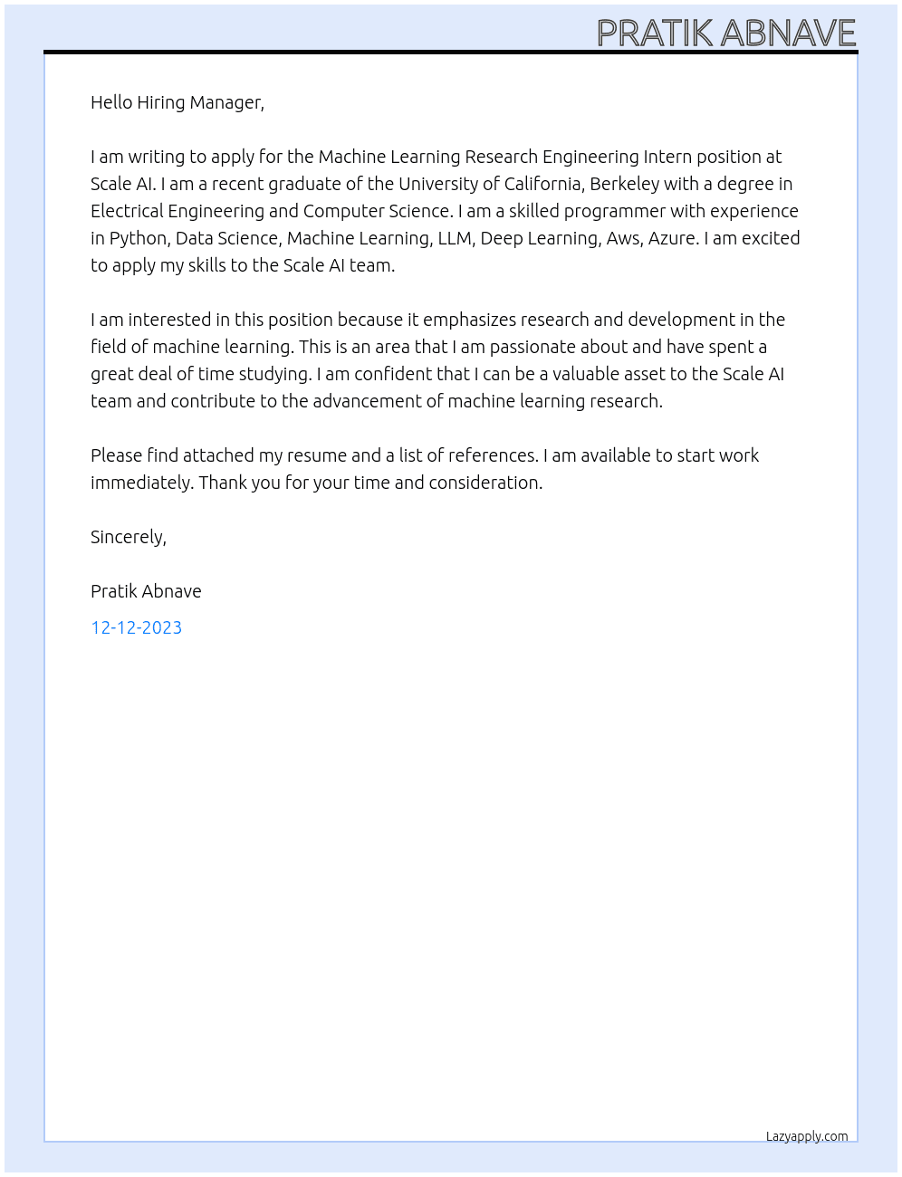 Machine Learning Research Engineering Intern At Scale AI Cover Letter