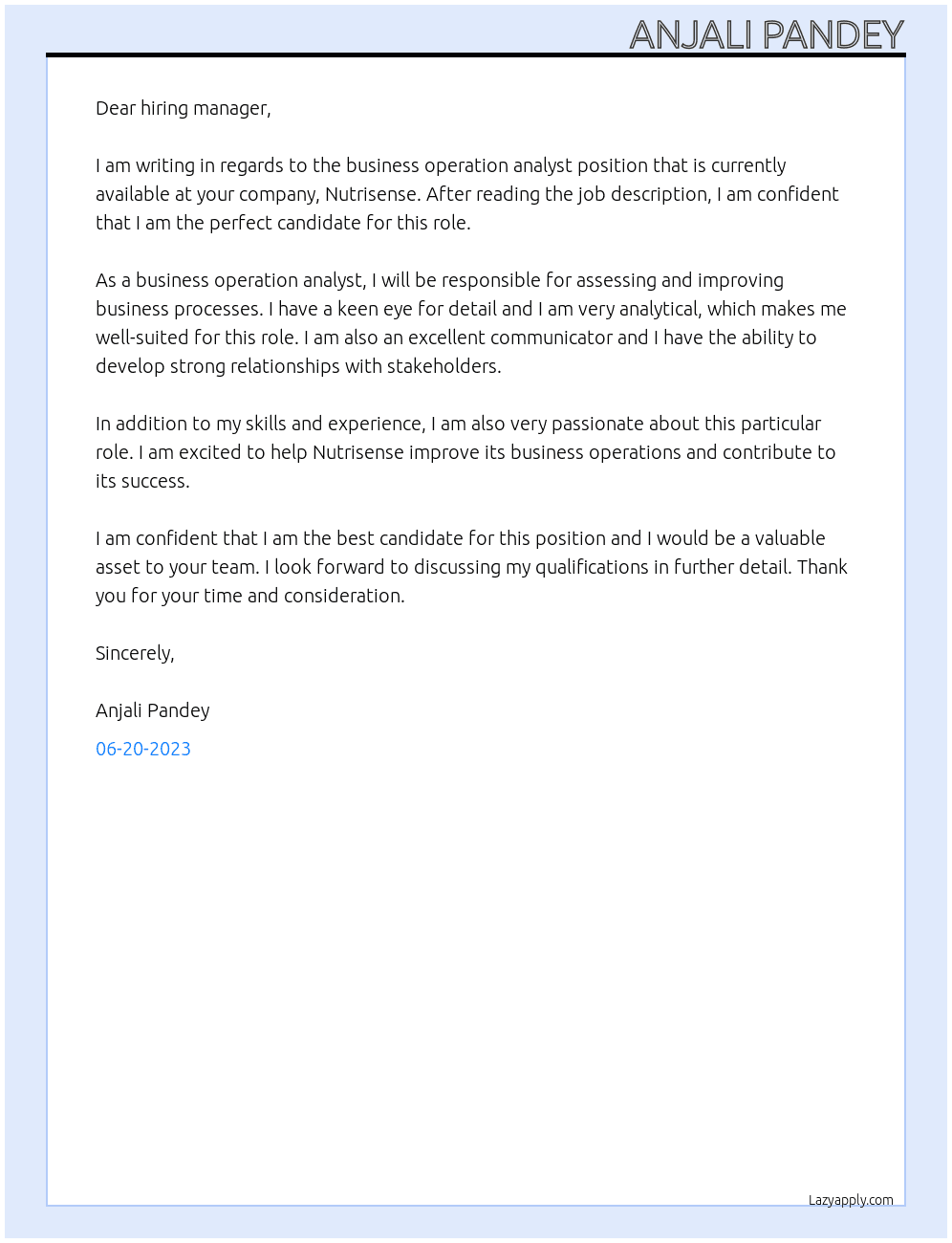 busines operation Analyst  At Nutrisense Cover Letter