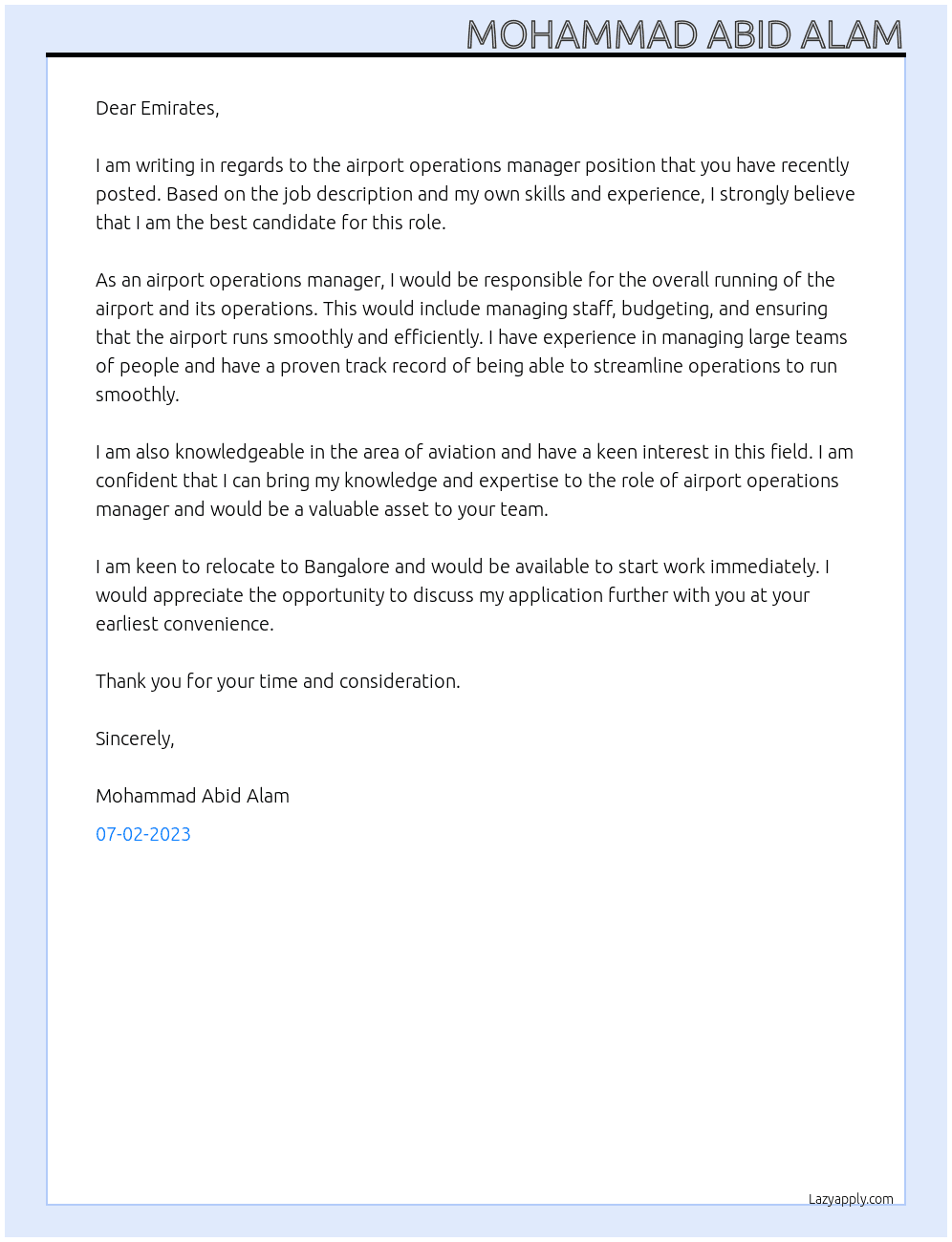 Airport operations manager  At Aviation Cover Letter