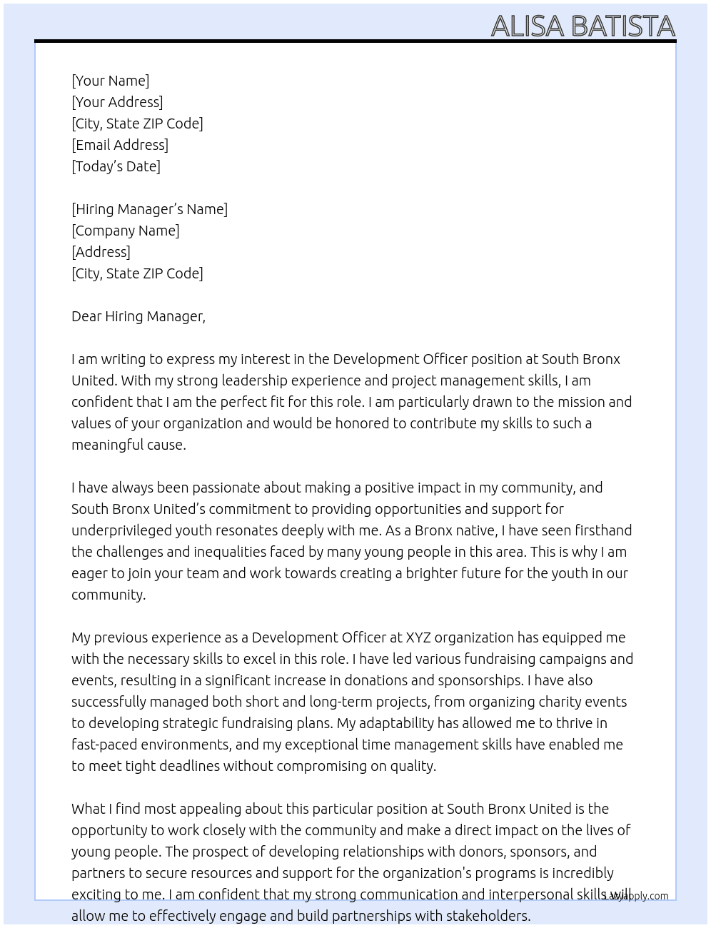 Development Officer At South Bronx United Cover Letter