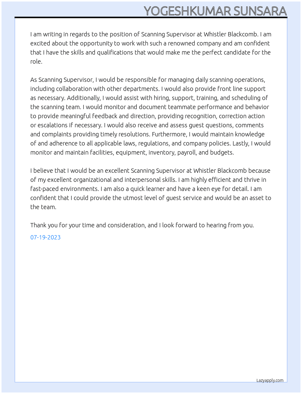 Scanning Supervisor At Whistler Blackcomb  Cover Letter