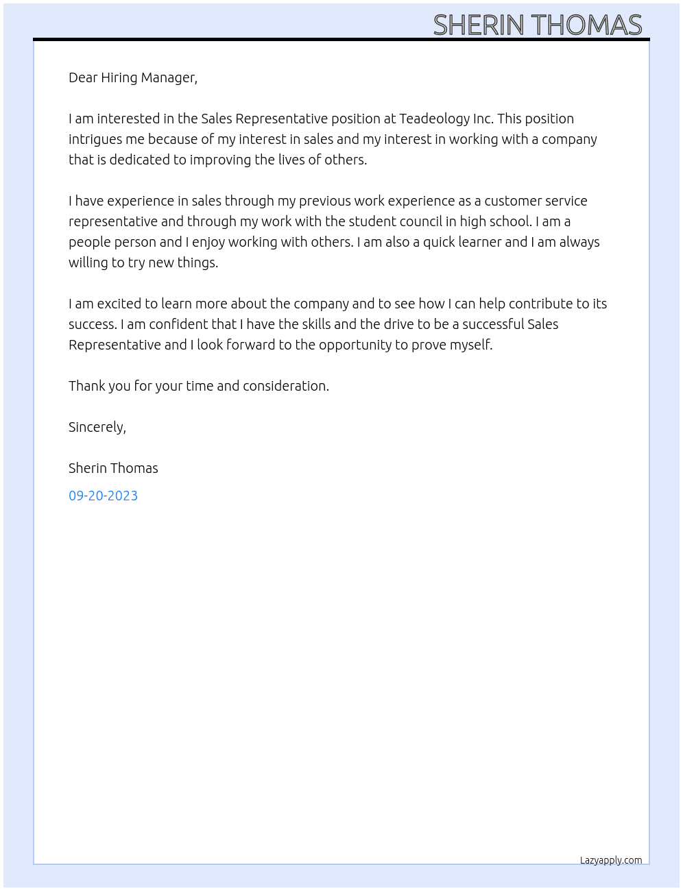 Sales Representative At Teadeology Inc Cover Letter