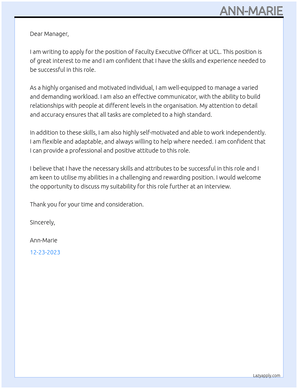 Faculty Executive Officer At UCL Cover Letter