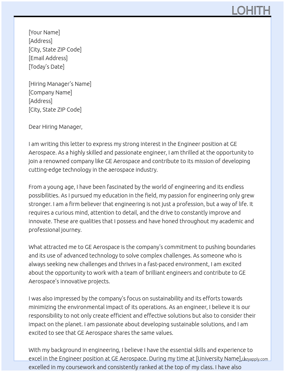 Engineer At GE Aerospace Cover Letter