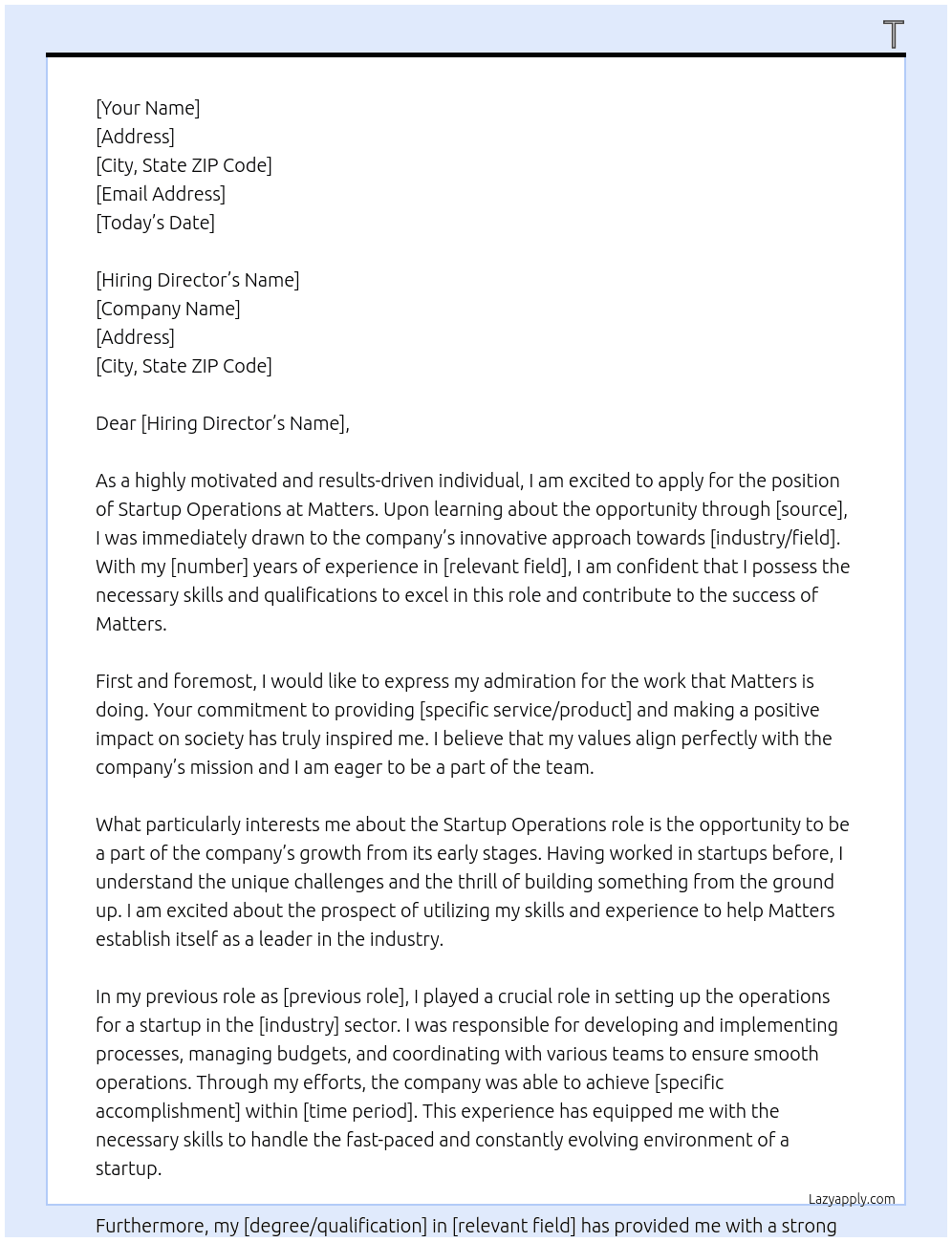 startup operations At matters Cover Letter