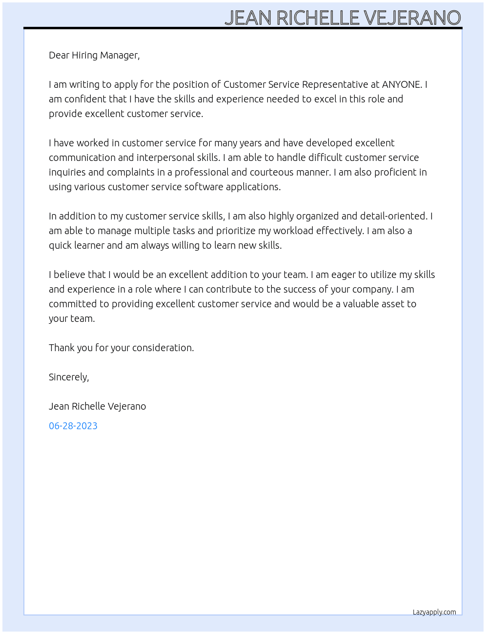 customer service representative At ANYONE Cover Letter