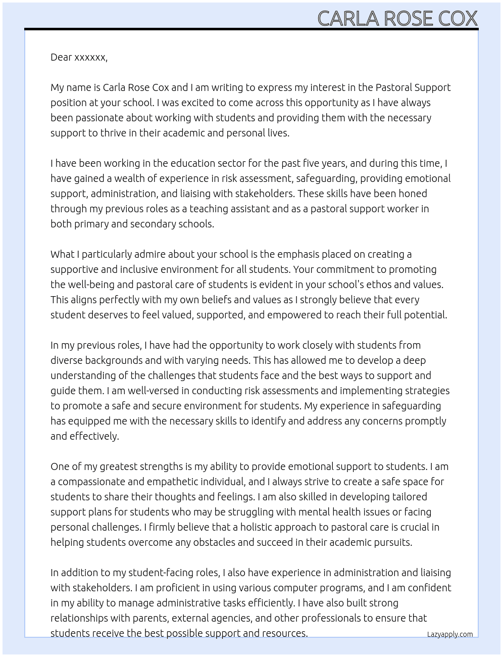 Pastoral support in a school At xxxxx Cover Letter