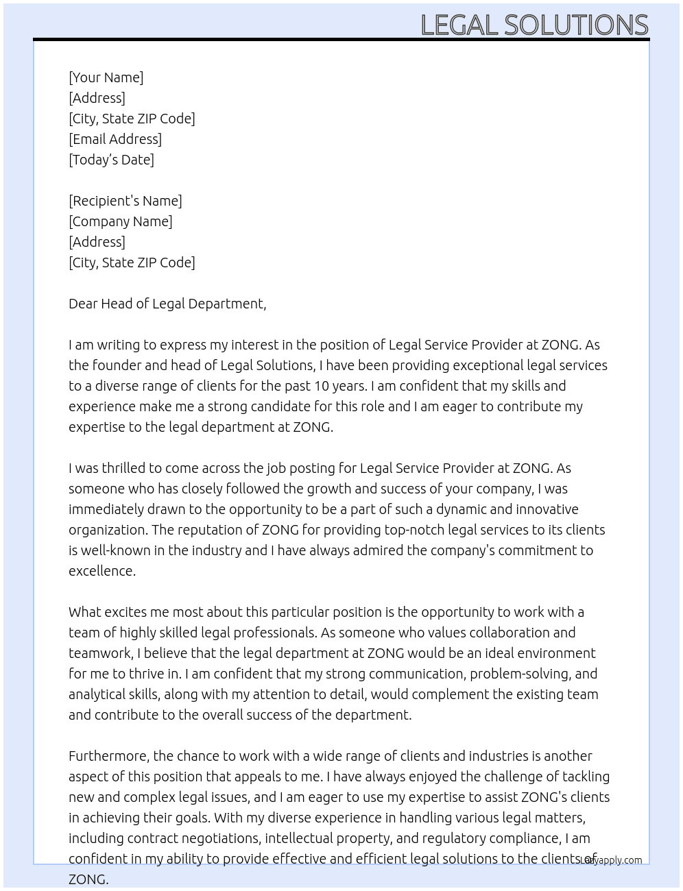 Legal Service Provider At ZONG Cover Letter