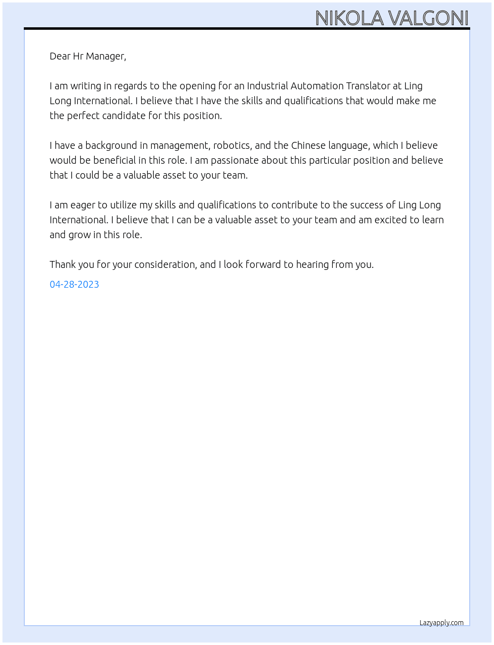 Industrial automation - translator  At Ling Long International  Cover Letter