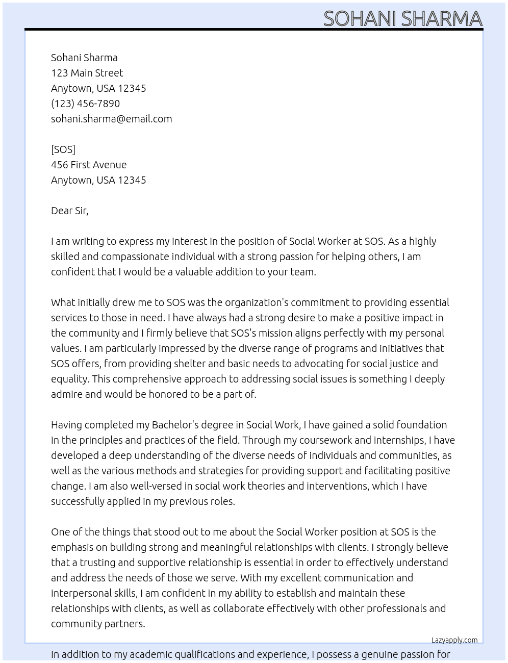 SOCIAL WORKER At SOS Cover Letter