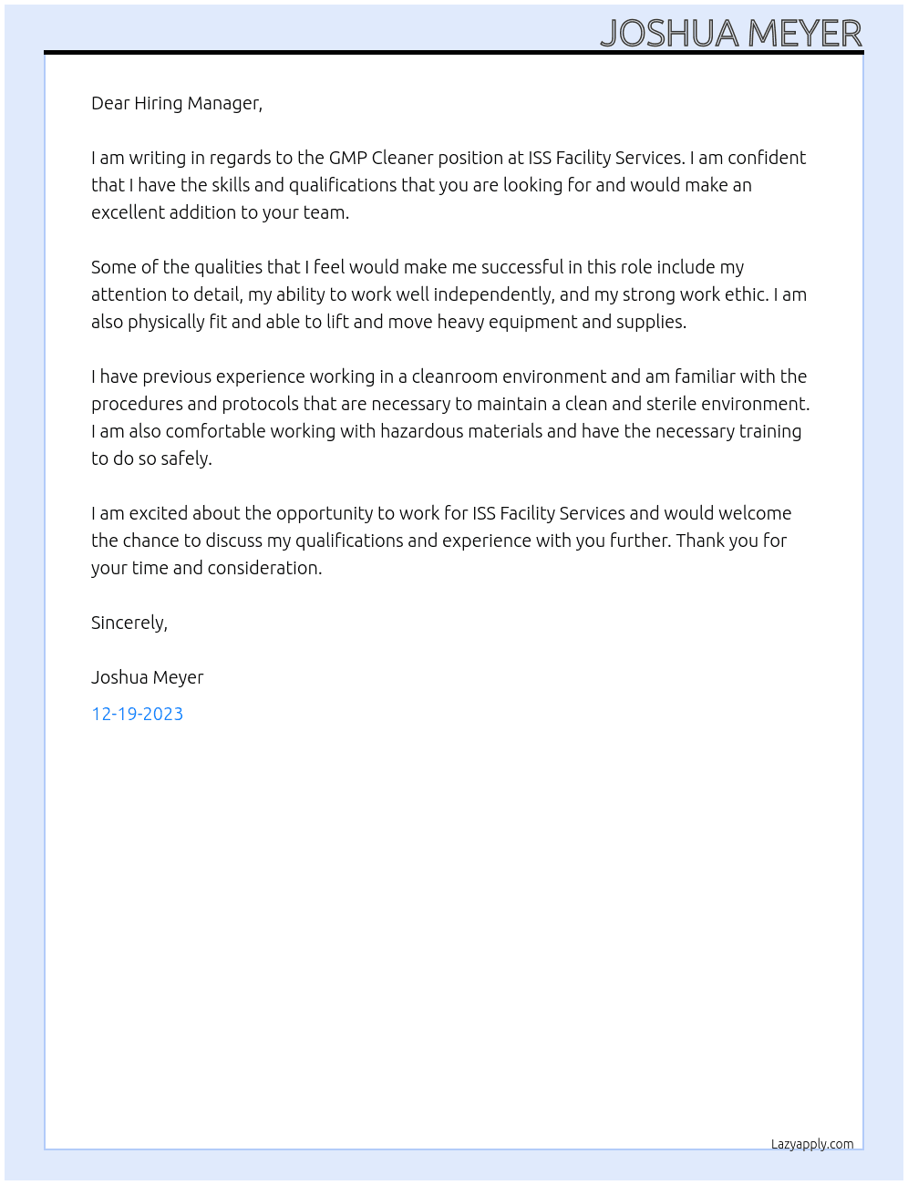 GMP Cleaner At ISS Facility Services Cover Letter