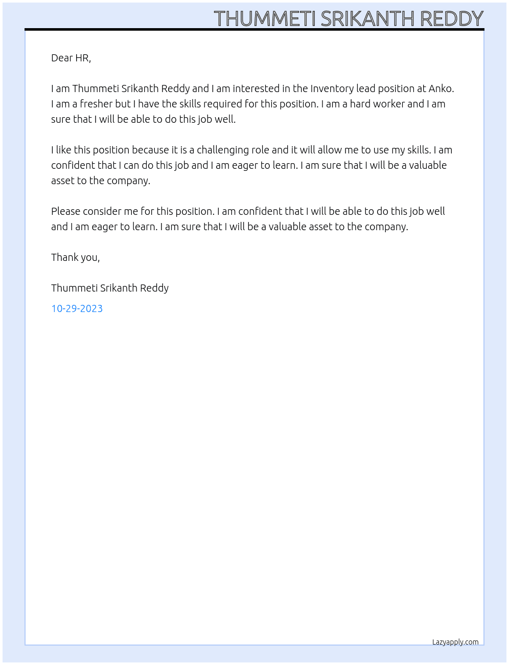 Inventory lead At Anko Cover Letter