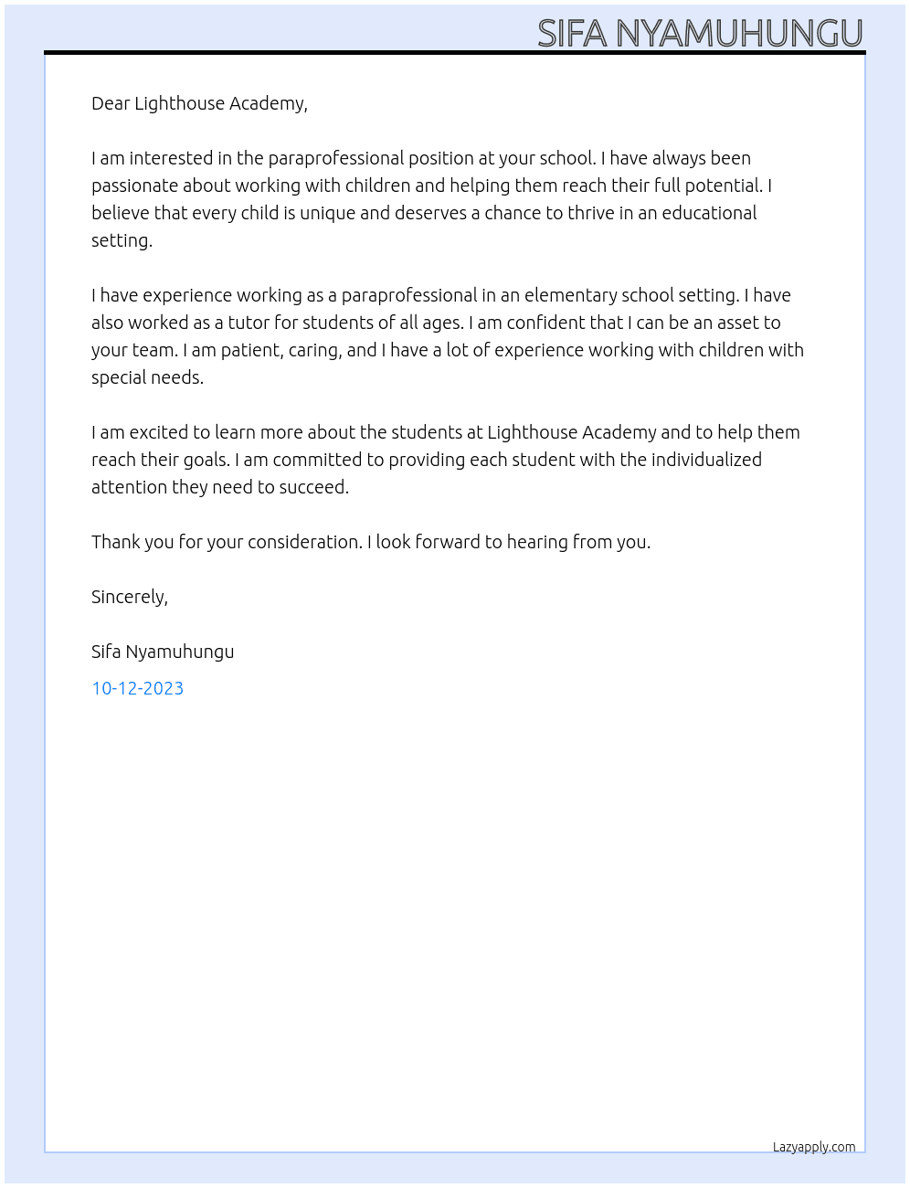 Paraprofessional At Integrity Educational Services Cover Letter