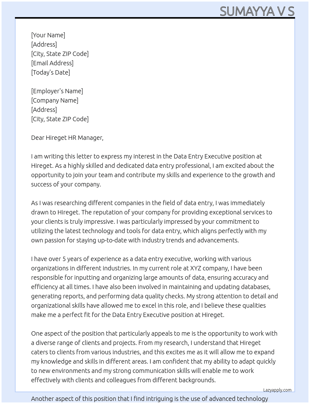 Data Entry  Executive  At Hireget Cover Letter
