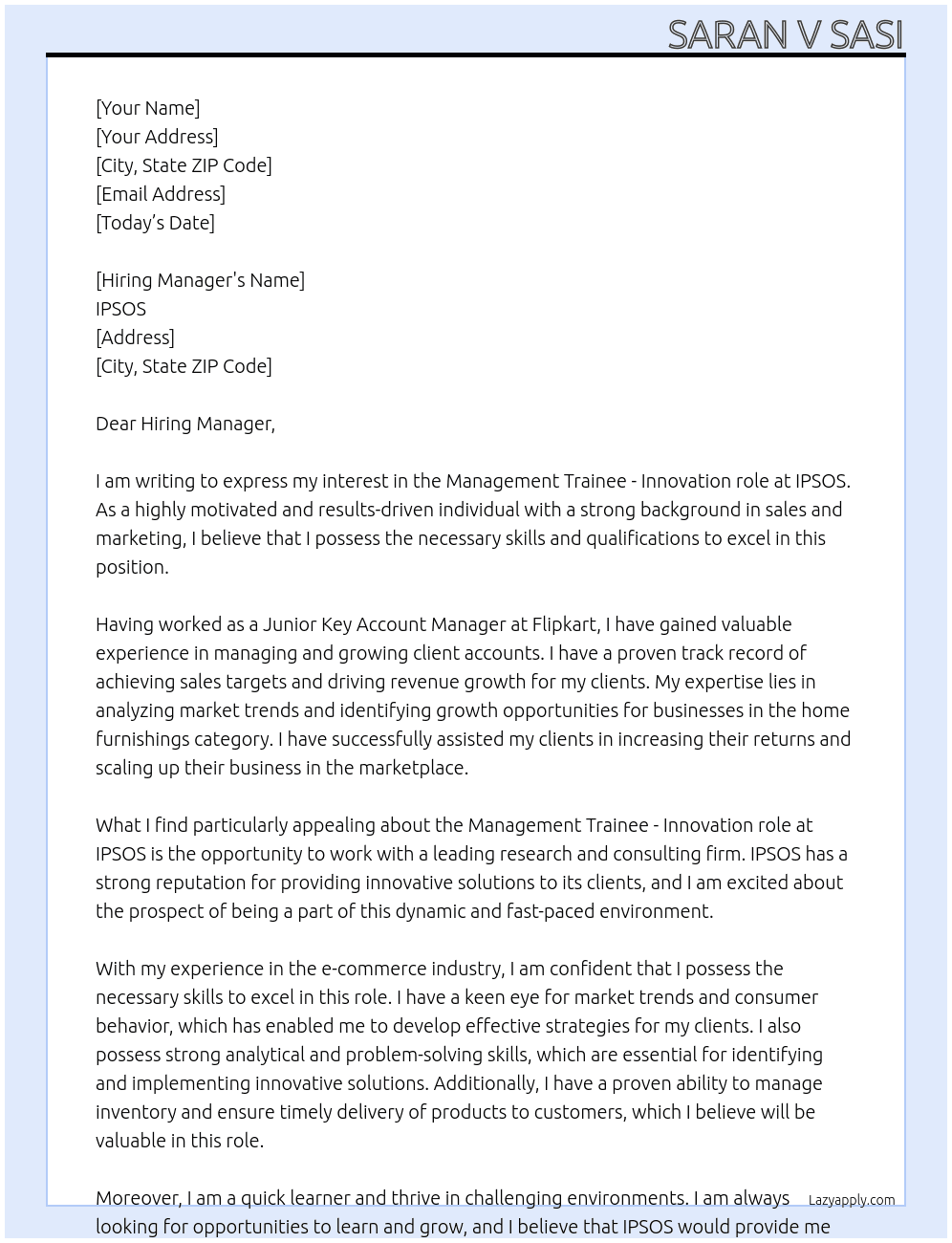 Management trainee - innovation  At IPSOS Cover Letter