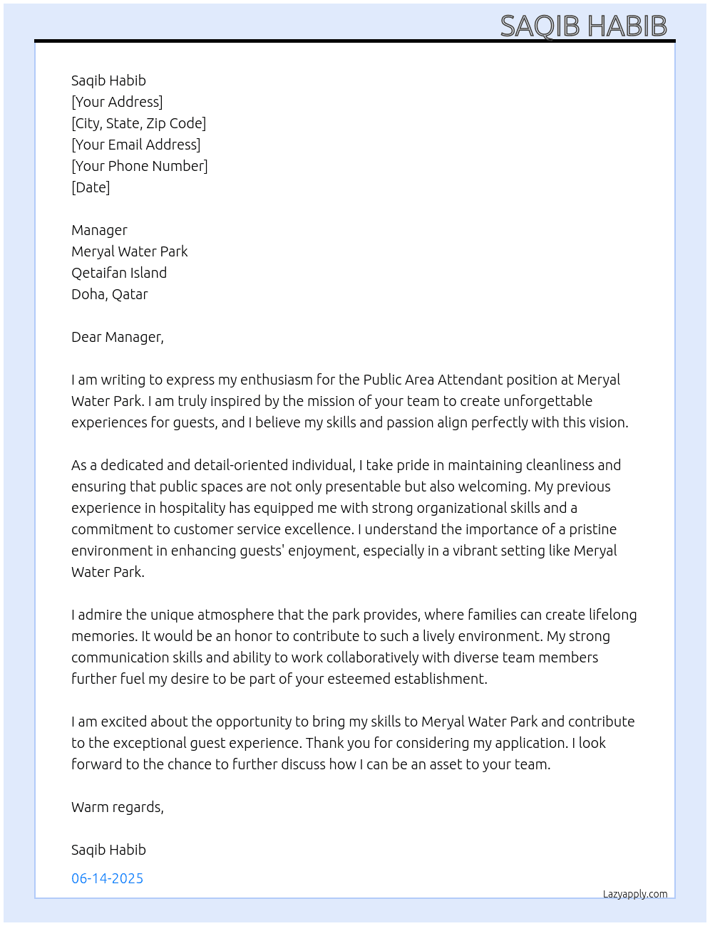 Public Area Attended  At Meryal Water Park Qetaifan island Doha Qatar  Cover Letter