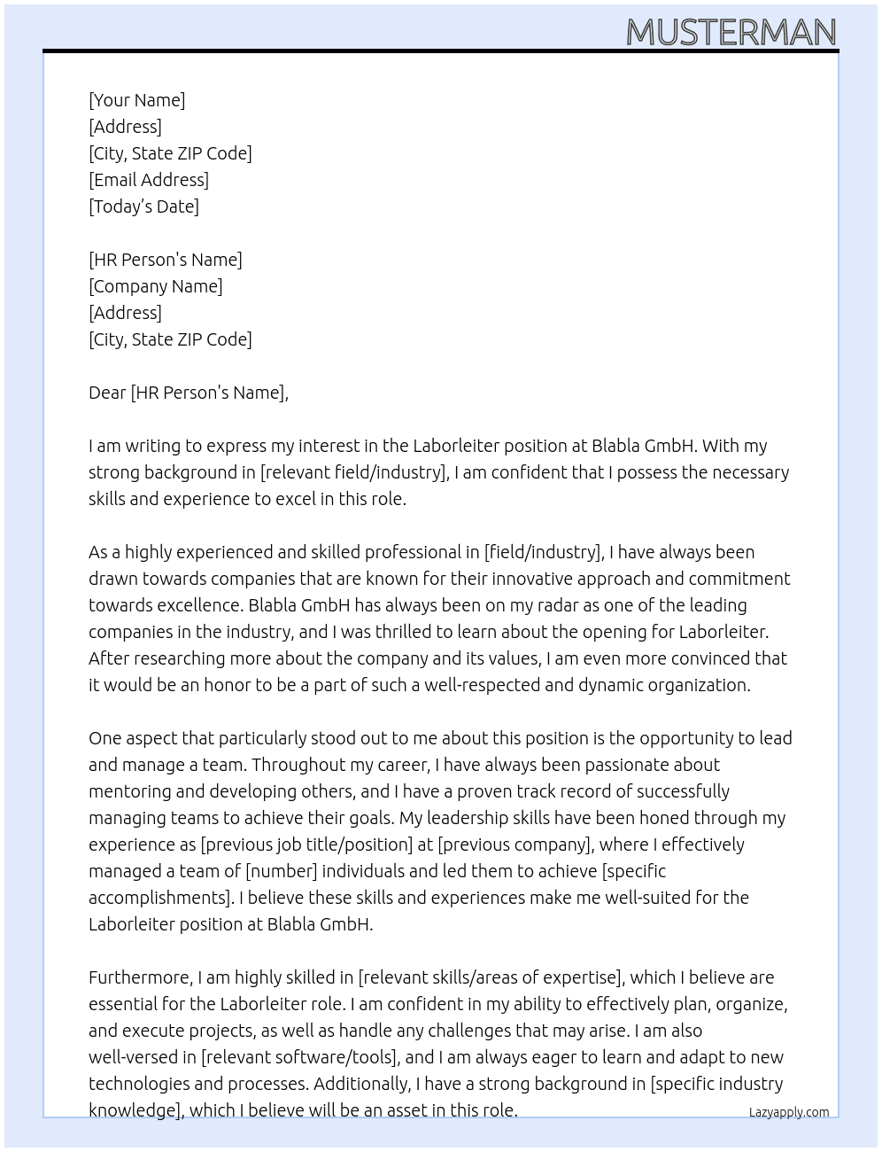 Laborleiter At Blabla GmbH Cover Letter