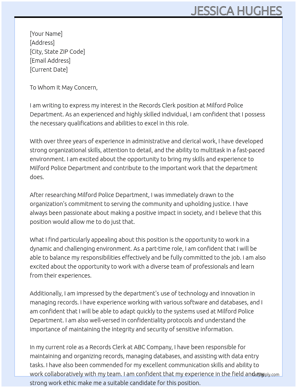 Records Clerk At Milford Police Department  Cover Letter