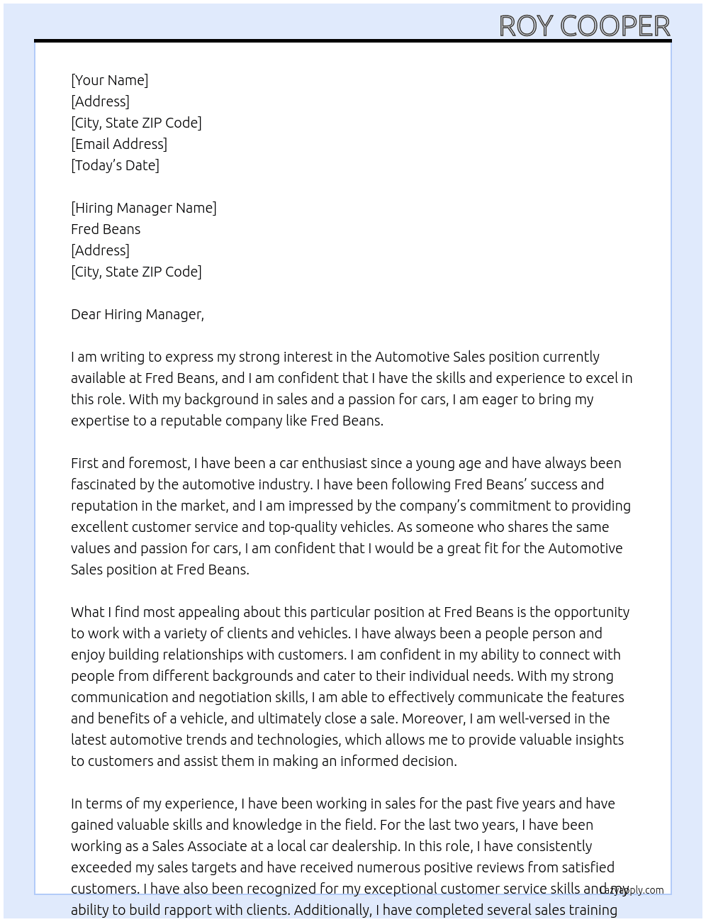 Automotive sales  At Fred Beans Cover Letter