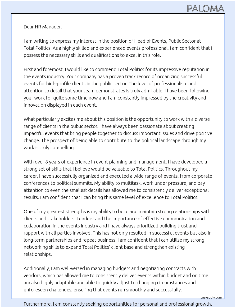 Head of Events, Public Sector At Total Politics Cover Letter