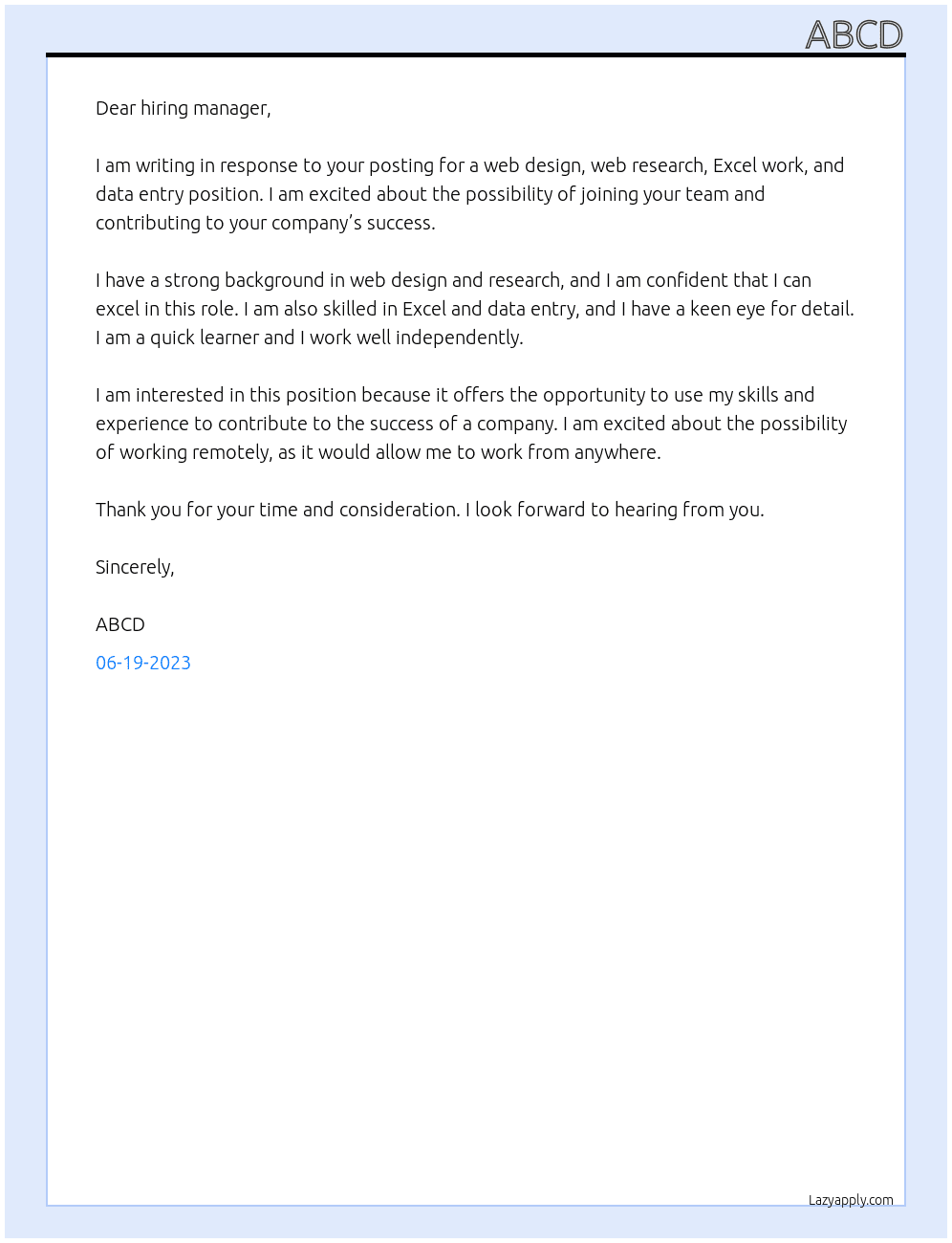 Web Design, Web research ,Excel Work, Data Entry  At 1234 Cover Letter