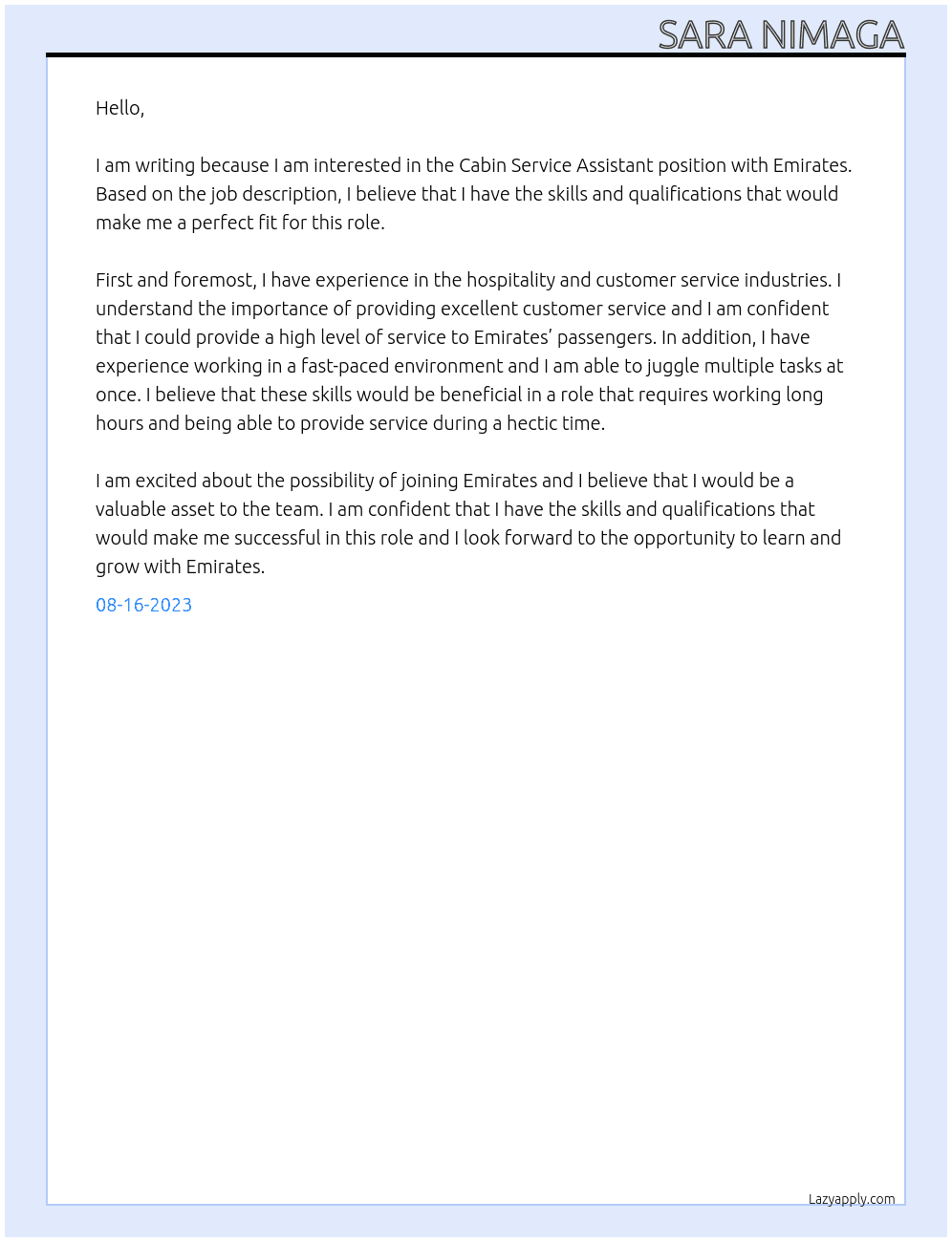 Cabin Service Assistant At emirates Cover Letter